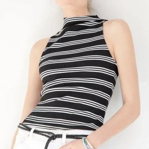 Anthropologie Tops - Anthropologie Maeve Womens Alicia Mock Neck Tank Size Medium Motif Ribbed Stripe